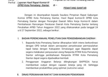 Hasil Rapat Kerja Komisi III “Lemah” terhadap Dinas PRKP, PUPR dan LH. Hanya Fokus ke Dinas Perhubungan